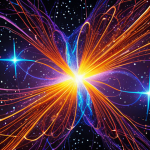 **A visually striking representation of quantum entanglement.** Depict two particles connected by an invisible, glowing thread against a backdrop of stars and galaxies. The particles should exhibit opposing properties, symbolizing their interconnected states. Use vibrant colors and abstract forms to convey the ethereal nature of the phenomenon.