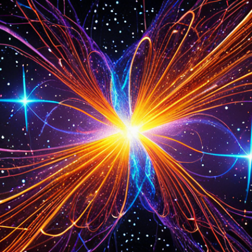 Home 15 **A visually striking representation of quantum entanglement.** Depict two particles connected by an invisible, glowing thread against a backdrop of stars and galaxies. The particles should exhibit opposing properties, symbolizing their interconnected states. Use vibrant colors and abstract forms to convey the ethereal nature of the phenomenon.