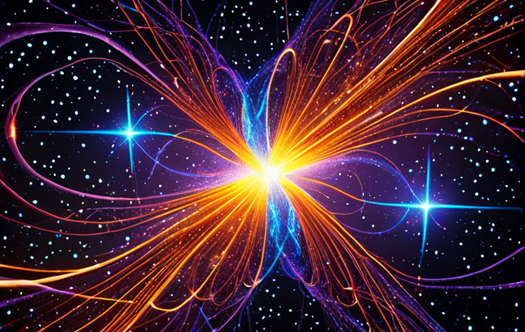 **A visually striking representation of quantum entanglement.** Depict two particles connected by an invisible, glowing thread against a backdrop of stars and galaxies. The particles should exhibit opposing properties, symbolizing their interconnected states. Use vibrant colors and abstract forms to convey the ethereal nature of the phenomenon.