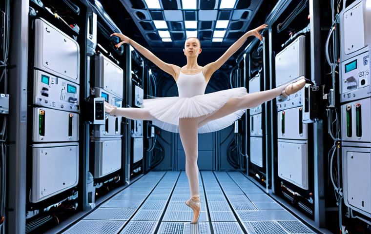 **
"A delicate ballet dancer, a qubit, balanced precariously on a pinpoint, surrounded by flashing cameras representing decoherence. The scene is set inside a complex, futuristic cryostat, with visible cooling mechanisms and sensors."
**