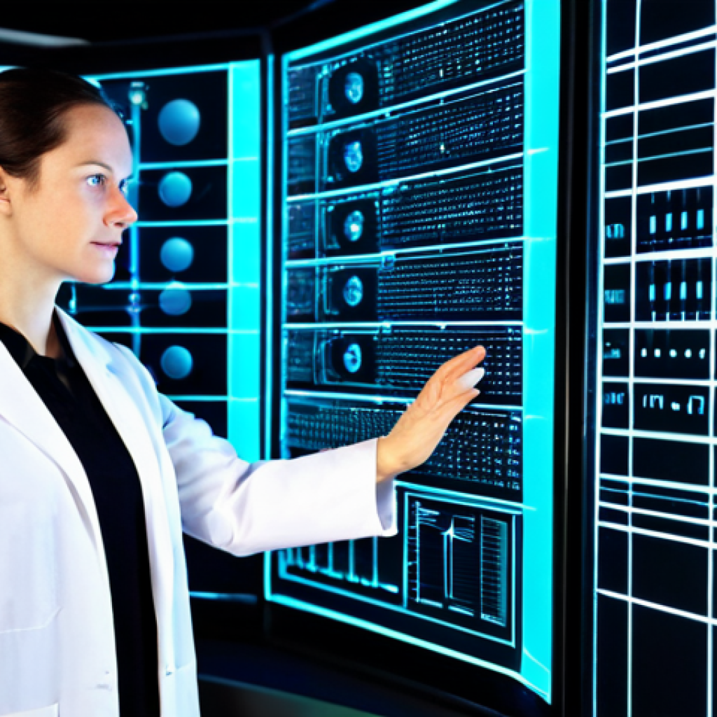 A professional female quantum physicist, mid-30s, looking thoughtfully at a holographic display. Fully clothed in a modest, professional lab coat over a neat blouse and trousers. Set in a futuristic, brightly lit research laboratory with advanced computing equipment. On one side, subtle binary code patterns representing classical computing are visible; on the other, interconnected, glowing quantum circuits abstractly represent qubits in the holographic display. The ambiance is clean, organized, and high-tech. High-resolution, crisp focus, cinematic lighting, professional photography, perfect anatomy, correct proportions, natural pose, well-formed hands, proper finger count, natural body proportions, safe for work, appropriate content, fully clothed, professional dress.