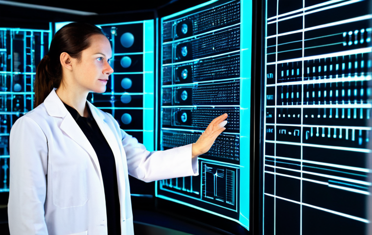 A professional female quantum physicist, mid-30s, looking thoughtfully at a holographic display. Fully clothed in a modest, professional lab coat over a neat blouse and trousers. Set in a futuristic, brightly lit research laboratory with advanced computing equipment. On one side, subtle binary code patterns representing classical computing are visible; on the other, interconnected, glowing quantum circuits abstractly represent qubits in the holographic display. The ambiance is clean, organized, and high-tech. High-resolution, crisp focus, cinematic lighting, professional photography, perfect anatomy, correct proportions, natural pose, well-formed hands, proper finger count, natural body proportions, safe for work, appropriate content, fully clothed, professional dress.