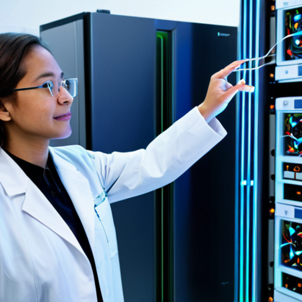 A professional female quantum physicist, dressed in a modest, clean lab coat over appropriate professional attire, stands within a highly advanced, sterile quantum computing laboratory. In the background, a large, intricate dilution refrigerator (cryostat) with complex, colorful wiring is prominently displayed. She is observing a dynamic, glowing holographic projection of abstract interconnected nodes and wave patterns, representing superposition and quantum entanglement. The lab features cool, ambient lighting, state-of-the-art equipment, and a futuristic aesthetic, conveying scientific rigor and cutting-edge research. safe for work, appropriate content, fully clothed, professional, perfect anatomy, correct proportions, natural pose, well-formed hands, proper finger count, natural body proportions, high-quality professional photography, ultra-detailed, sharp focus.