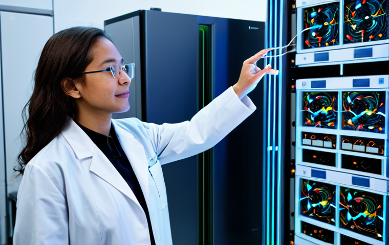 A professional female quantum physicist, dressed in a modest, clean lab coat over appropriate professional attire, stands within a highly advanced, sterile quantum computing laboratory. In the background, a large, intricate dilution refrigerator (cryostat) with complex, colorful wiring is prominently displayed. She is observing a dynamic, glowing holographic projection of abstract interconnected nodes and wave patterns, representing superposition and quantum entanglement. The lab features cool, ambient lighting, state-of-the-art equipment, and a futuristic aesthetic, conveying scientific rigor and cutting-edge research. safe for work, appropriate content, fully clothed, professional, perfect anatomy, correct proportions, natural pose, well-formed hands, proper finger count, natural body proportions, high-quality professional photography, ultra-detailed, sharp focus.