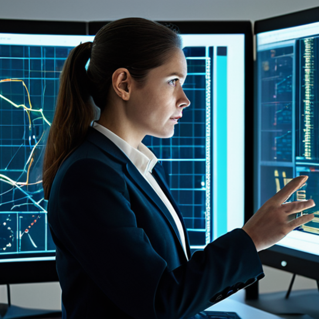 A focused female cryptographer in a professional business suit, deeply engaged in analyzing complex quantum encryption algorithms displayed on multiple transparent screens. The setting is a clean, high-tech, secure research laboratory with subtle, futuristic glowing data visualizations in the background. The atmosphere is intellectual and serious. The image should convey a sense of innovation and deep thought. safe for work, appropriate content, fully clothed, professional dress, perfect anatomy, correct proportions, natural pose, well-formed hands, proper finger count, natural body proportions, high-quality detailed image, cinematic lighting.