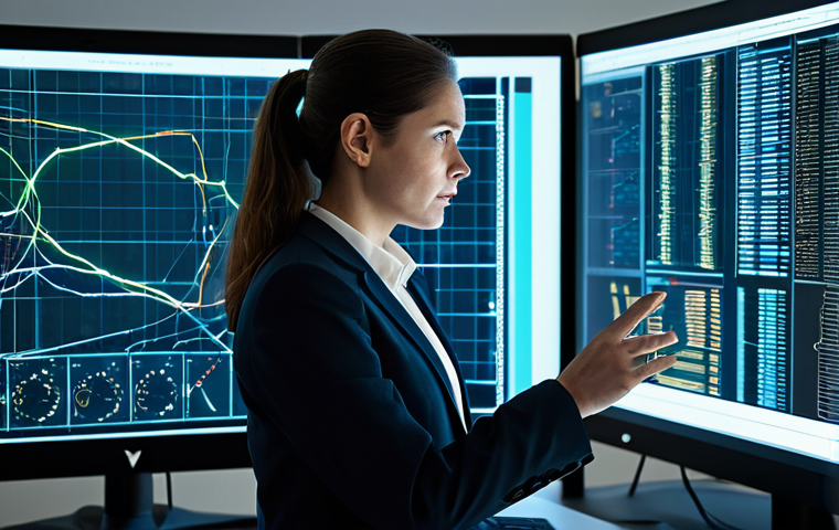 A focused female cryptographer in a professional business suit, deeply engaged in analyzing complex quantum encryption algorithms displayed on multiple transparent screens. The setting is a clean, high-tech, secure research laboratory with subtle, futuristic glowing data visualizations in the background. The atmosphere is intellectual and serious. The image should convey a sense of innovation and deep thought. safe for work, appropriate content, fully clothed, professional dress, perfect anatomy, correct proportions, natural pose, well-formed hands, proper finger count, natural body proportions, high-quality detailed image, cinematic lighting.
