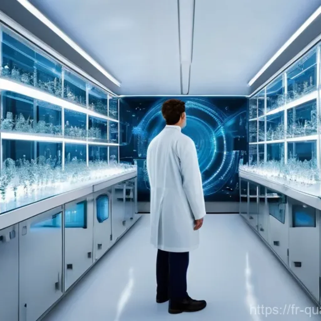 양자컴퓨터 기술의 한계 - **Prompt:** "A highly detailed, serene image of a futuristic quantum laboratory. In the center, deli...