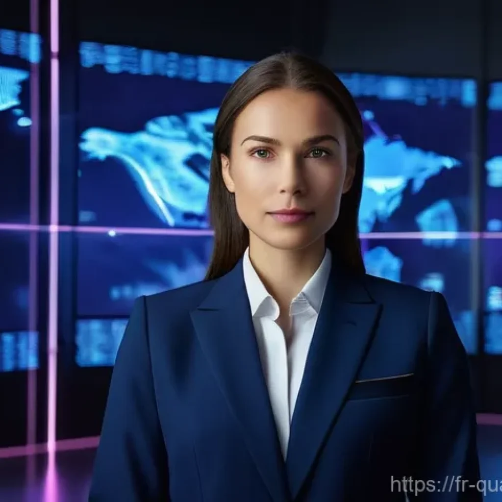 양자통신 기술의 미래 - **A confident female cybersecurity expert in a high-tech control room overseeing a glowing, intricat...