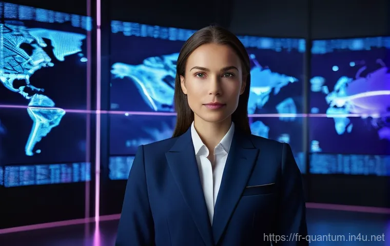 양자통신 기술의 미래 - **A confident female cybersecurity expert in a high-tech control room overseeing a glowing, intricat...