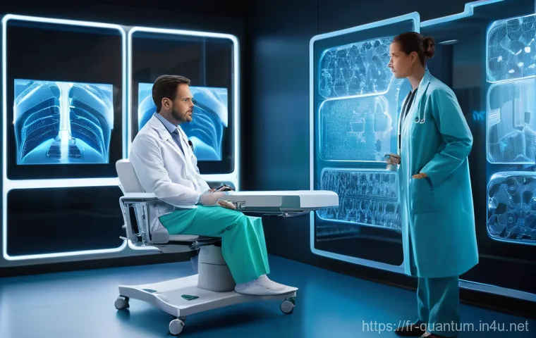 양자센서와 인공지능 - **Prompt 1: Advanced Medical Diagnostics**
"A bright, futuristic medical imaging room. A patient...