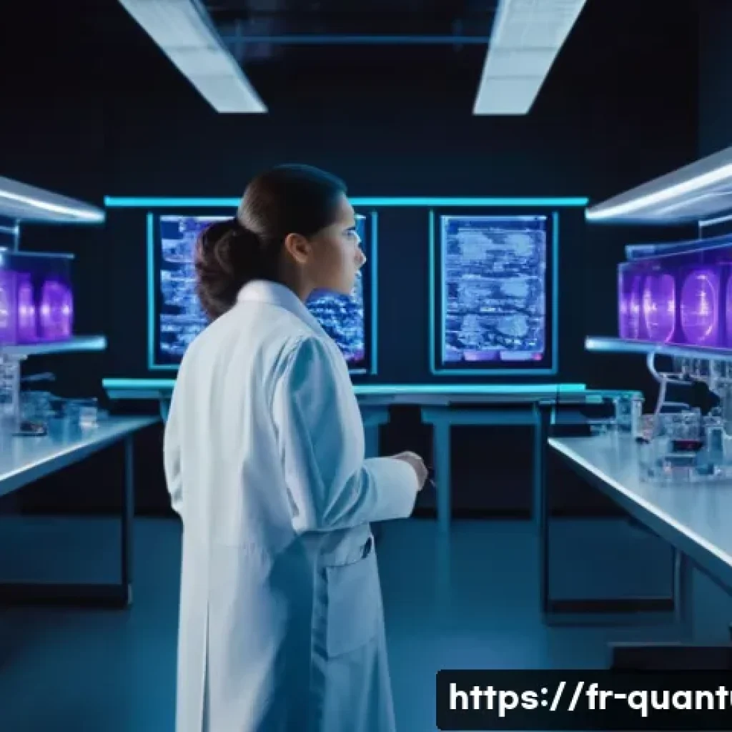양자컴퓨터의 다양한 응용 분야 - **Prompt for Quantum-Powered Medical Discovery:**
"A clean, brightly lit, futuristic laboratory ...