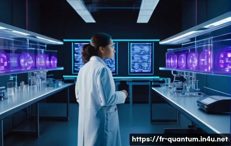 양자컴퓨터의 다양한 응용 분야 - **Prompt for Quantum-Powered Medical Discovery:**
"A clean, brightly lit, futuristic laboratory ...