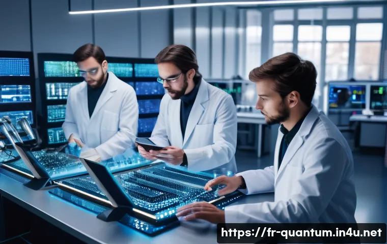 양자암호화의 국제 표준화 - A futuristic laboratory scene showcasing a diverse group of French scientists and engineers collabor...