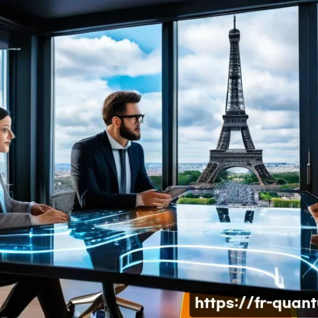 양자컴퓨터 클라우드 서비스 - A modern, high-tech office environment in Paris with French business professionals collaborating aro...