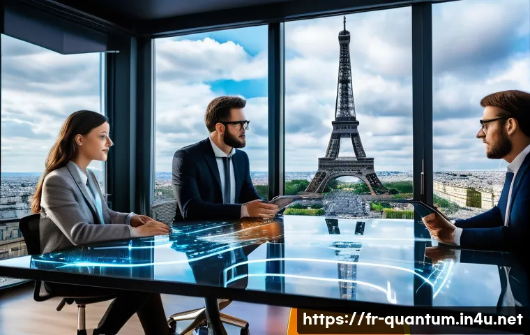 양자컴퓨터 클라우드 서비스 - A modern, high-tech office environment in Paris with French business professionals collaborating aro...