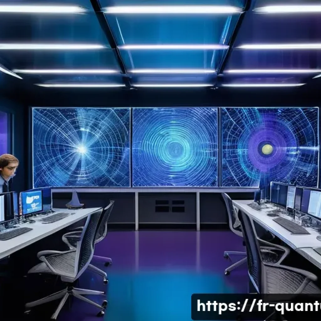 양자암호화의 활용 분야 - A futuristic laboratory setting in France showcasing quantum cryptography technology: scientists in ...