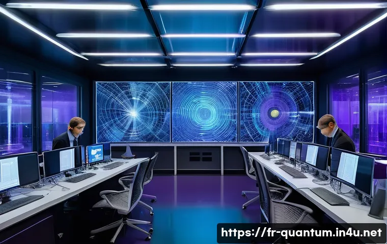 양자암호화의 활용 분야 - A futuristic laboratory setting in France showcasing quantum cryptography technology: scientists in ...