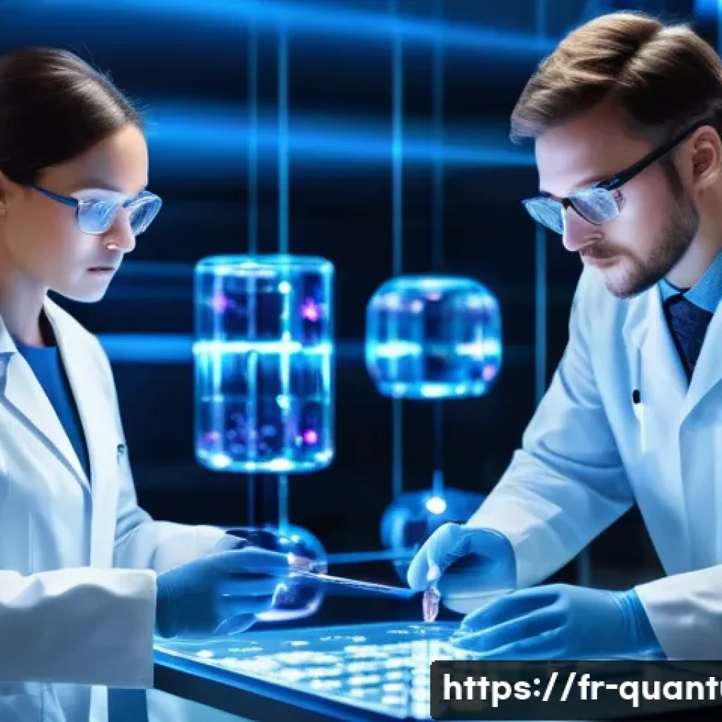 양자컴퓨팅의 의료 분야 응용 - A futuristic pharmaceutical research laboratory illuminated with cool blue and white lighting, featu...