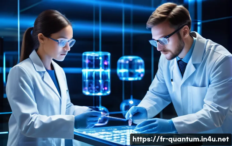 양자컴퓨팅의 의료 분야 응용 - A futuristic pharmaceutical research laboratory illuminated with cool blue and white lighting, featu...