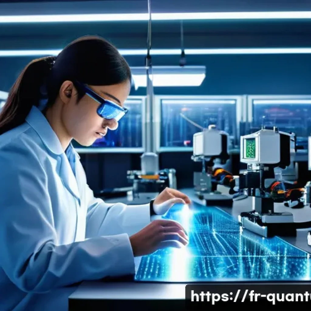 양자레이저 - A highly detailed scientific laboratory scene showcasing a modern quantum laser setup: sleek optical...