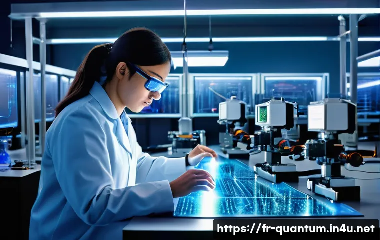 양자레이저 - A highly detailed scientific laboratory scene showcasing a modern quantum laser setup: sleek optical...
