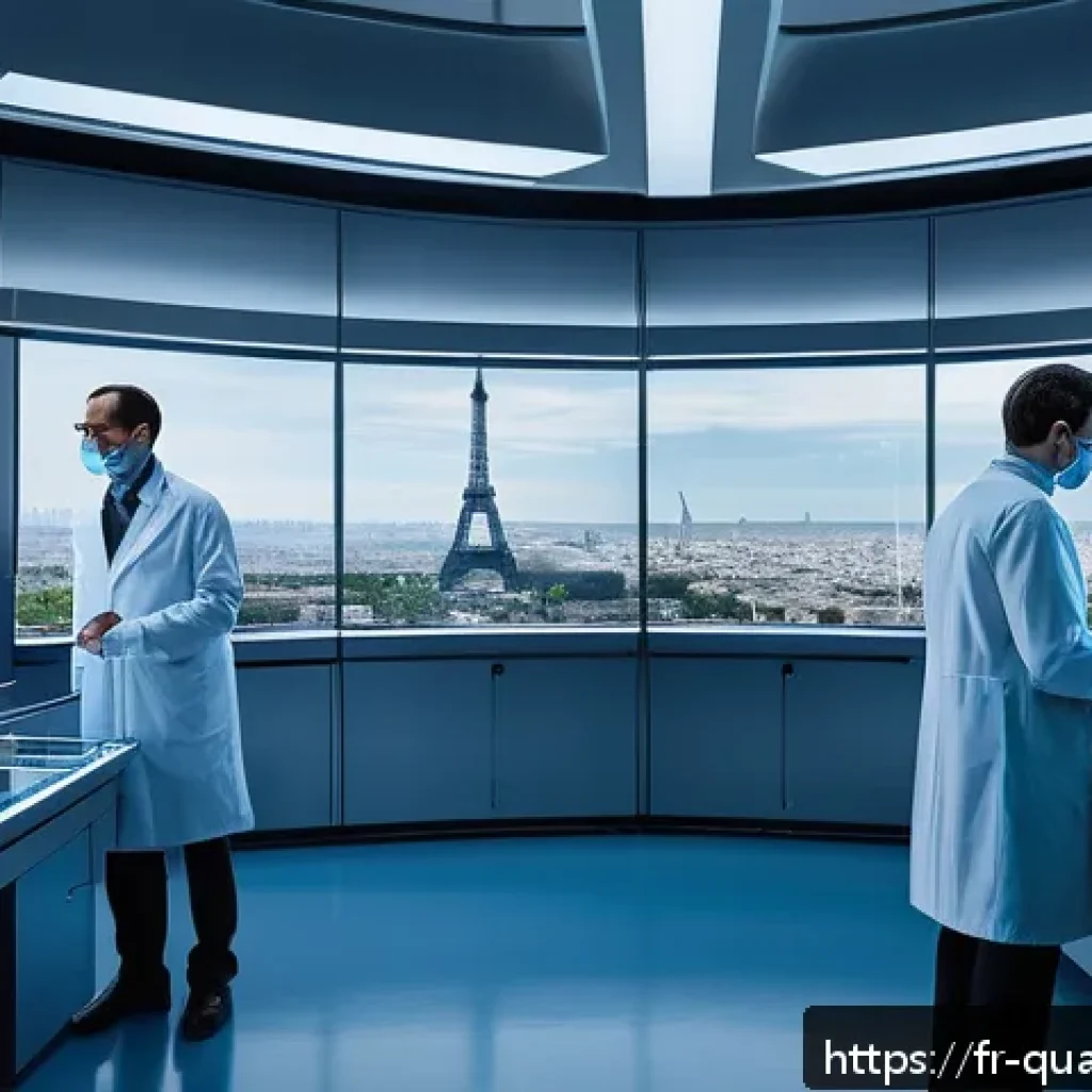 양자컴퓨터와 물리학 시뮬레이션 - A highly detailed, futuristic laboratory scene inside a Parisian research institute, showcasing scie...