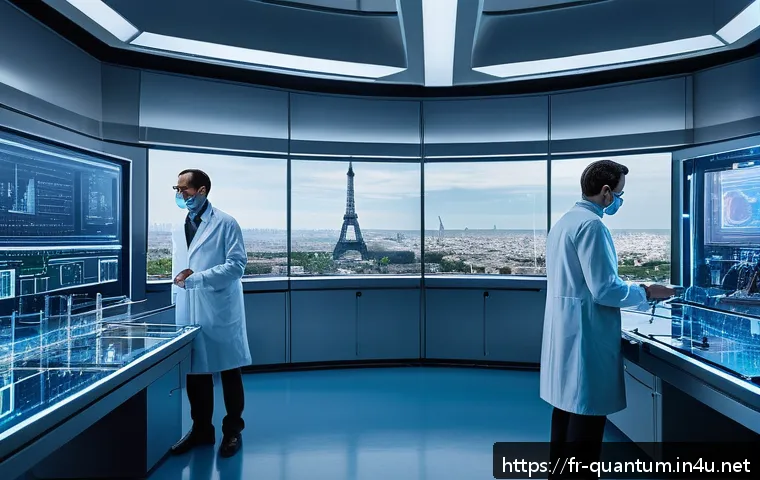 양자컴퓨터와 물리학 시뮬레이션 - A highly detailed, futuristic laboratory scene inside a Parisian research institute, showcasing scie...