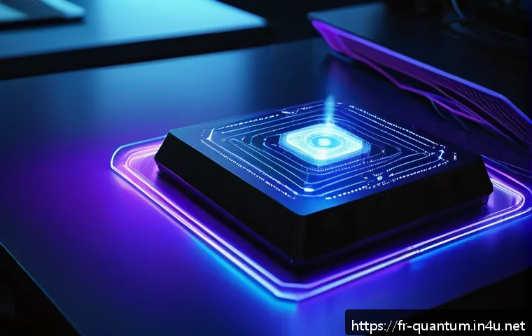 양자랜덤넘버 생성기 - A futuristic, sleek quantum random number generator device placed on a high-tech laboratory table, s...