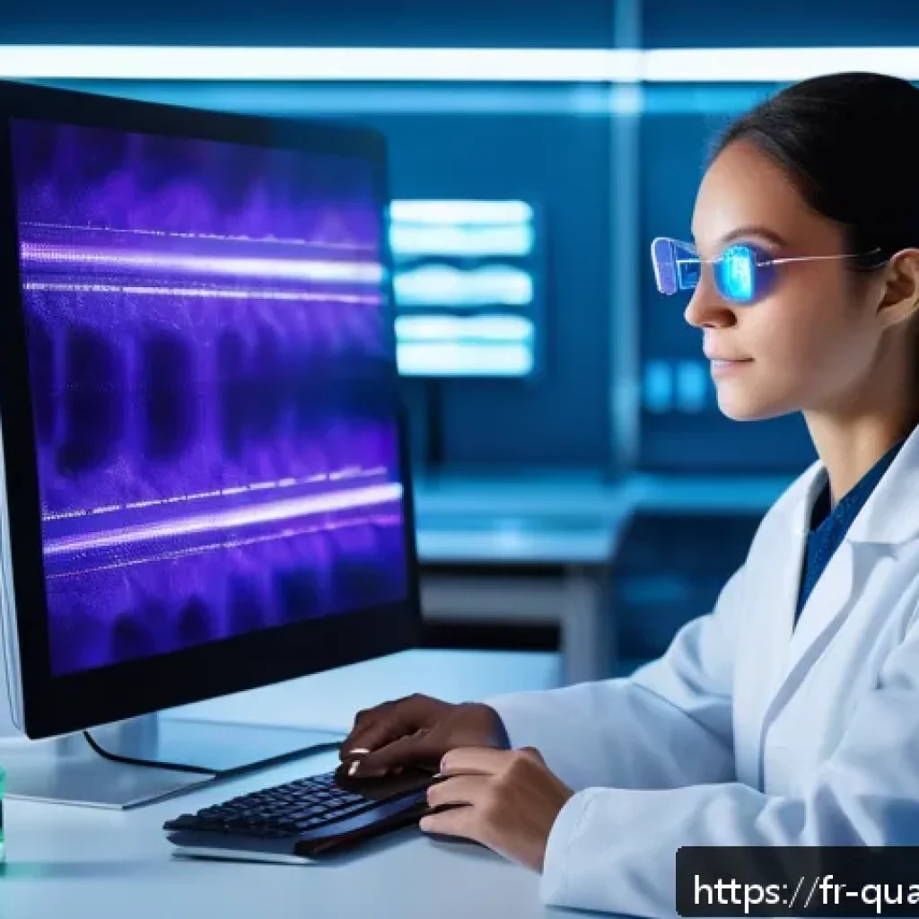 양자광학 기술의 발전 - A futuristic quantum optics laboratory scene showcasing a scientist observing an advanced photon int...
