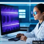 양자광학 기술의 발전 - A futuristic quantum optics laboratory scene showcasing a scientist observing an advanced photon int...
