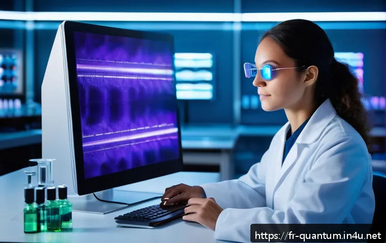 양자광학 기술의 발전 - A futuristic quantum optics laboratory scene showcasing a scientist observing an advanced photon int...
