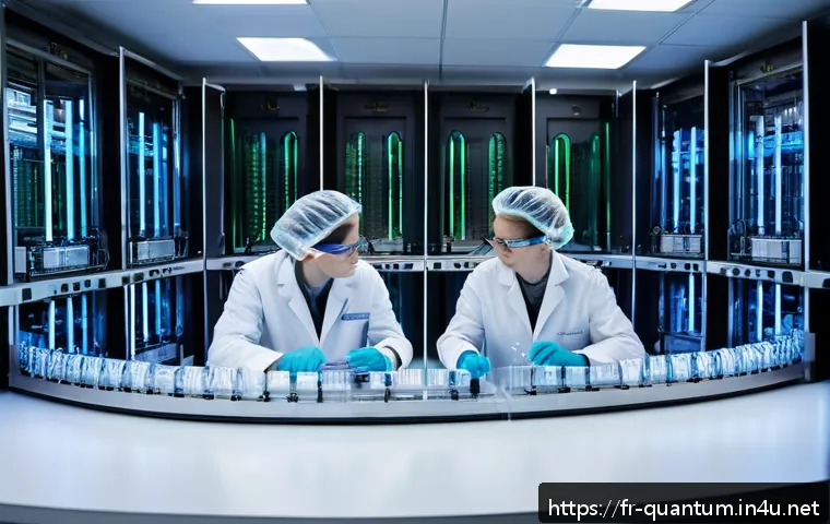 양자암호화의 한계와 해결책 - A high-tech quantum cryptography laboratory scene in Paris, featuring French scientists wearing lab ...