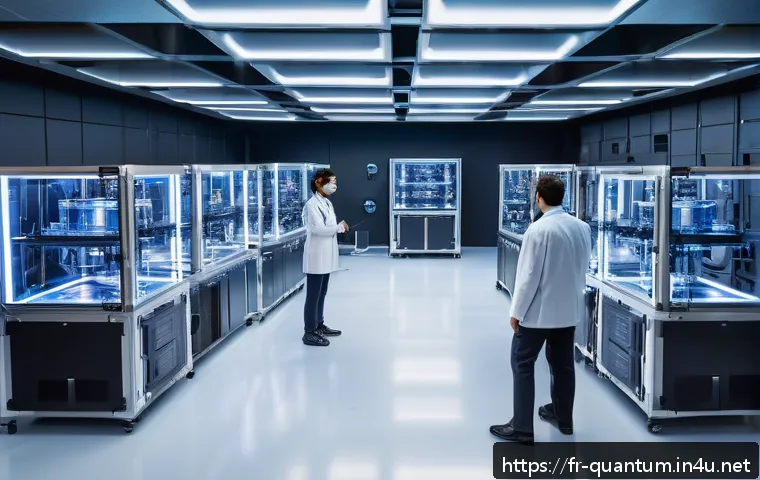 양자컴퓨터 관련 글로벌 협력 - A futuristic international quantum computing laboratory featuring diverse scientists from Europe, th...