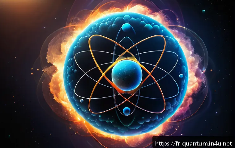 양자화학의 실험 - A detailed scientific illustration of an atom with electron probability clouds surrounding the nucle...