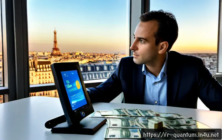 Home 17 양자컴퓨터의 경제적 영향 - Photorealistic modern Paris financial district office, a French economist and quantum computing engi...