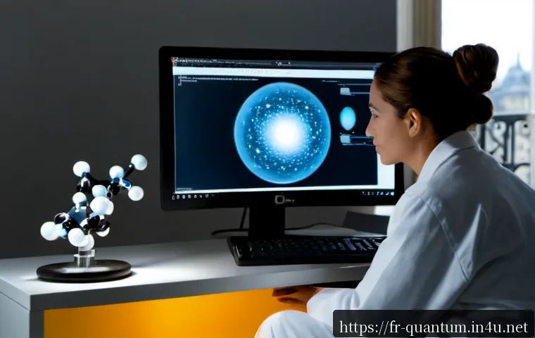 양자화학의 모형 및 시뮬레이션 - Photorealistic quantum chemistry research scene in a modern French university laboratory, a scientis...