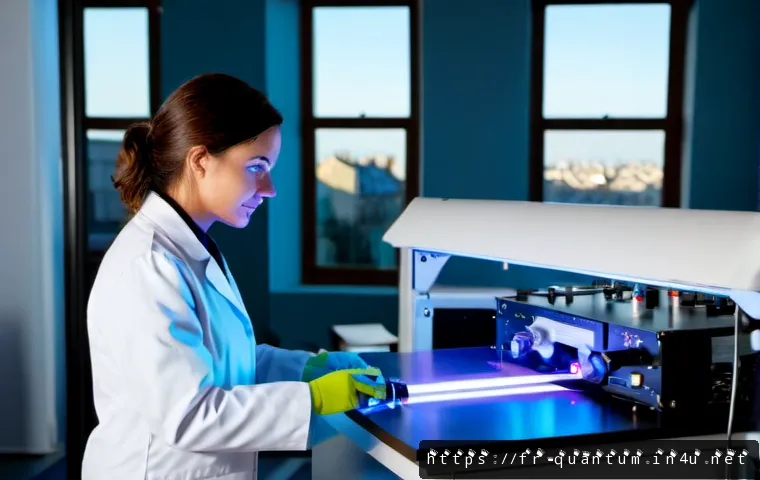 양자광학 기술의 응용 - Photorealistic quantum optics research laboratory in France, a female physicist in a clean white lab...