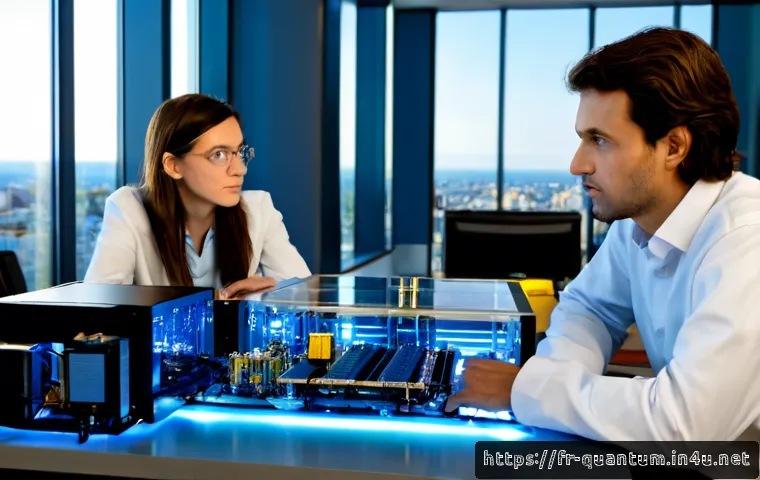 양자컴퓨터의 윤리적 이슈 - Photorealistic ethical quantum computing scene in a modern French research institute, diverse team o...
