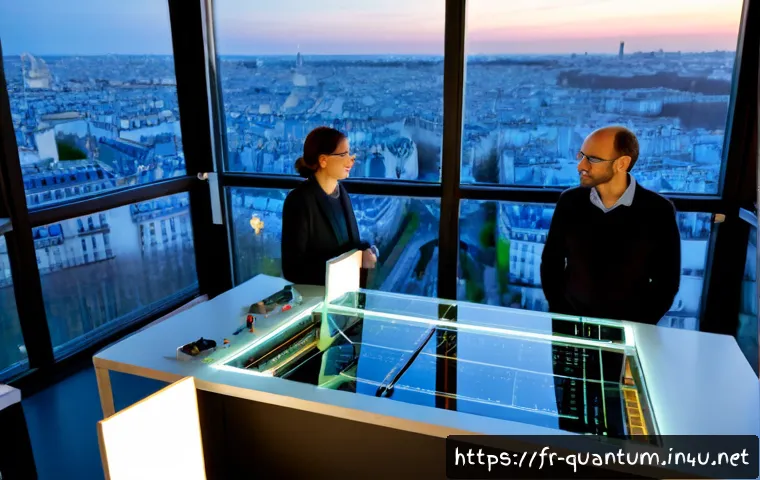 양자통신의 국제 협력 - Photorealistic international quantum communication research meeting in a modern Paris laboratory, Fr...